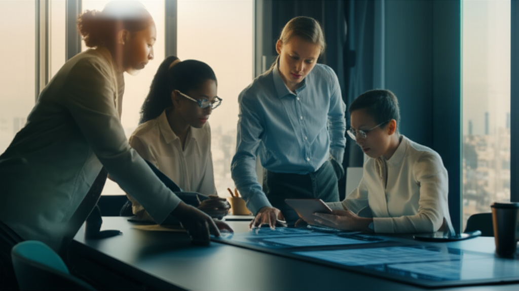 Professional team discussing financial strategies with technology in a modern office