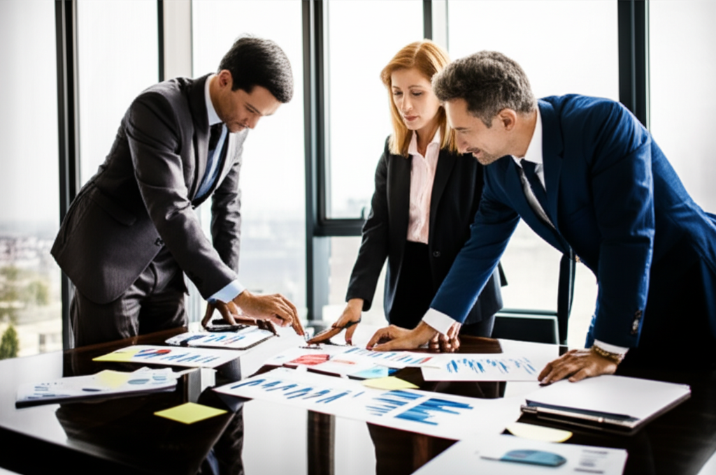 Professional business team analyzing financial portfolios and debt acquisition strategies in a modern office